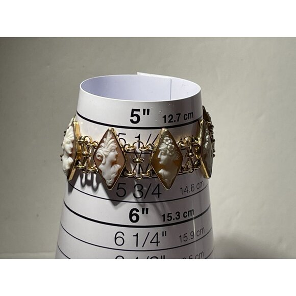 14K Gold Carved Shell Cameo Bracelet 6" With Geometric Diamond Design - Picture 7 of 16